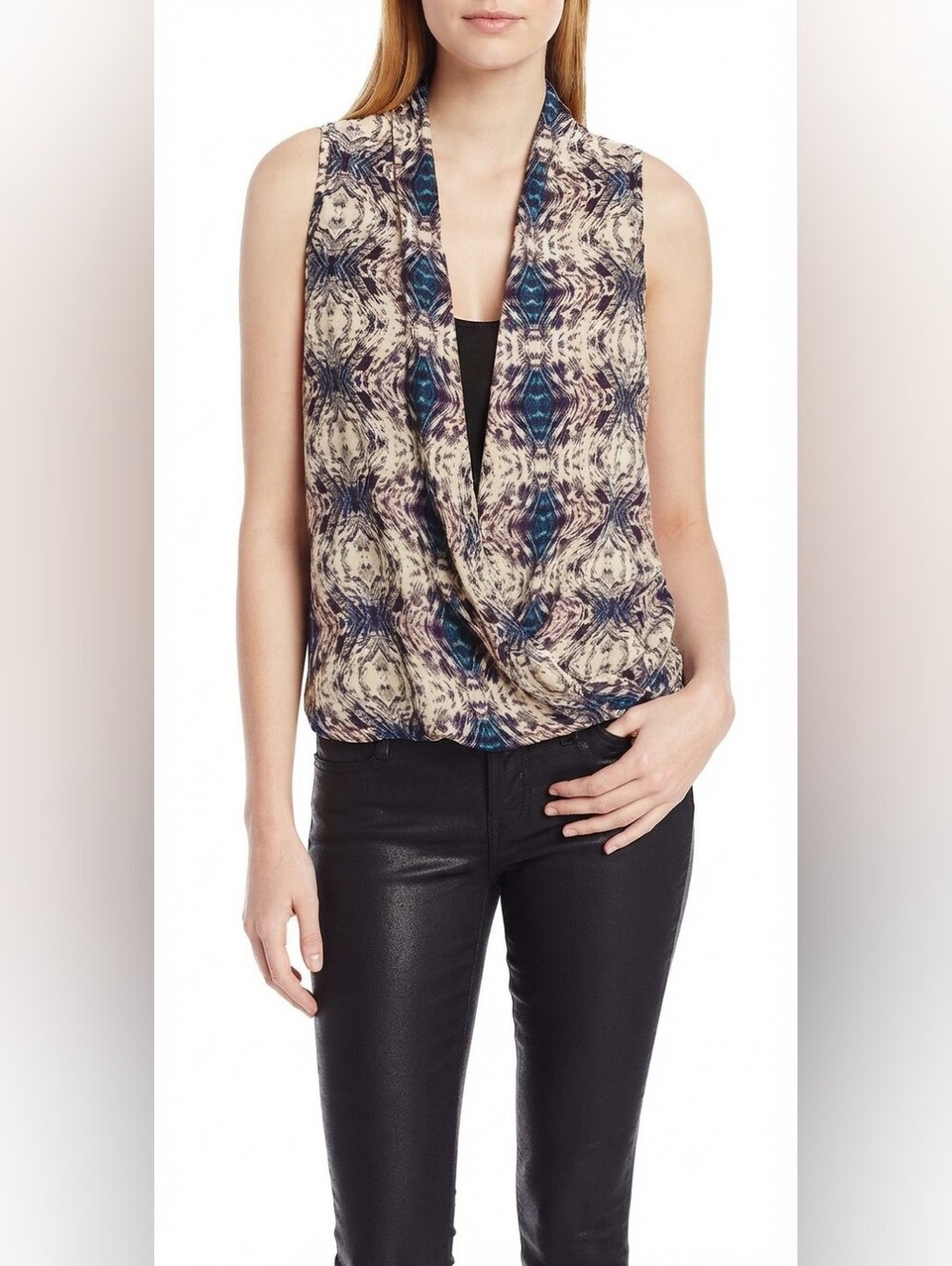 NWT Olive & Oak Plum Combo Printed Sleeveless Wrap Blouse Boho Festival Western